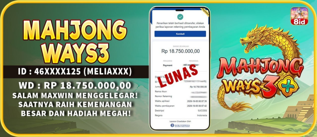Pemain memenangkan sekitar Rp 18 juta di APK 8ID pada permainan slot Mahjong Ways 3.
